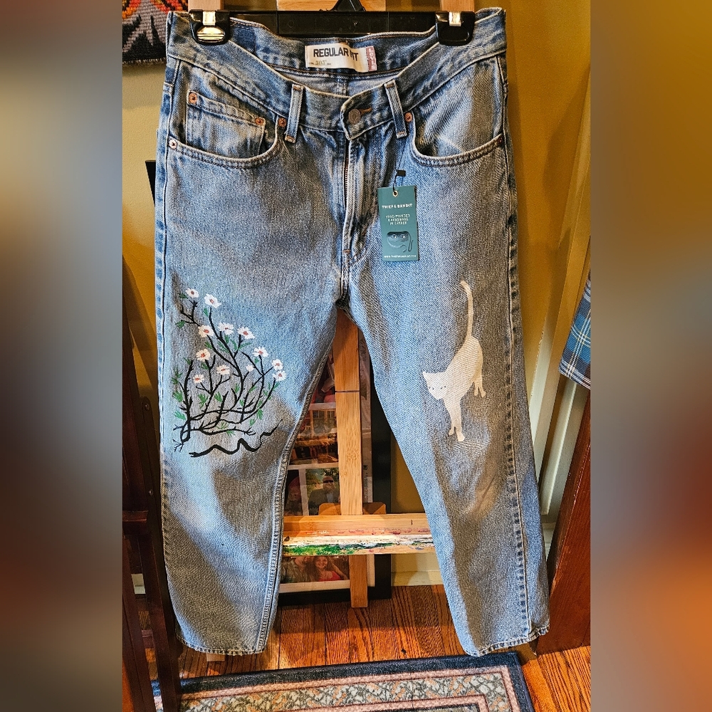One of a kind hand silkscreened Thief and Bandit 505 Levis